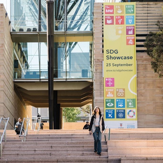 SDG Showcase 2024 banner hanging outside the UNSW John Niland Scientia Building