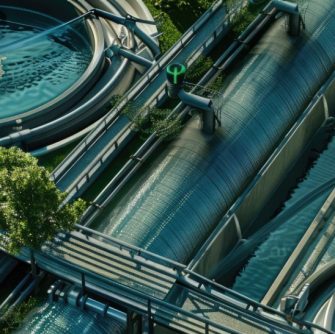 Illustrate a membrane filtration system in a wastewater treatment plant, environmental theme, top view, representing sustainable practices, cybernetic tone, Complementary Color Scheme