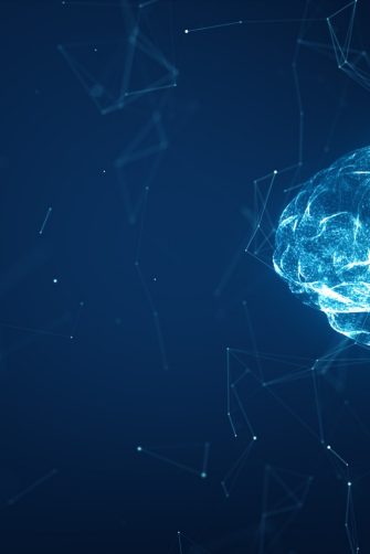 Artificial intelligence (AI). Big data flow analysis, Data mining, deep learning modern computer technologies. Futuristic Cyber Technology Innovation. Brain representing artificial intelligence.