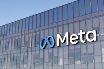 Menlo Park, California, USA. January 9, 2022. Editorial Use Only, 3D CGI. Meta Signage Logo on Top of Glass Building. Metaverse Workplace Technology Service Company High-rise Office Headquarters.