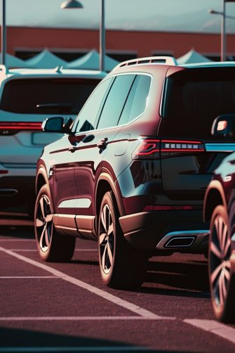 Brand New Cars SUV Parked on Parking Lot outside the Car Dealer