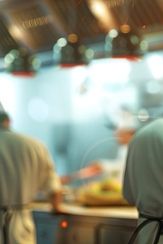 Blurry restaurant kitchen background. Active chefs working. Concept of Culinary chaos, busy kitchen, restaurant ambiance, kitchen staff, professional chefs, culinary teamwork, fast-paced environment.