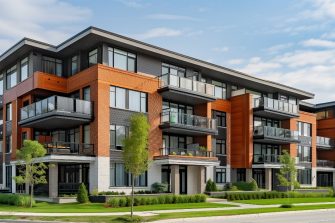 Amidst ample green spaces, a newly developed suburban apartment complex boasts spacious units, fostering outdoor activities and community engagement. AI image.