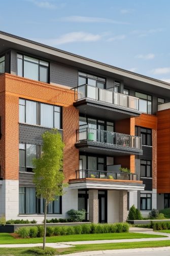 Amidst ample green spaces, a newly developed suburban apartment complex boasts spacious units, fostering outdoor activities and community engagement. AI image.