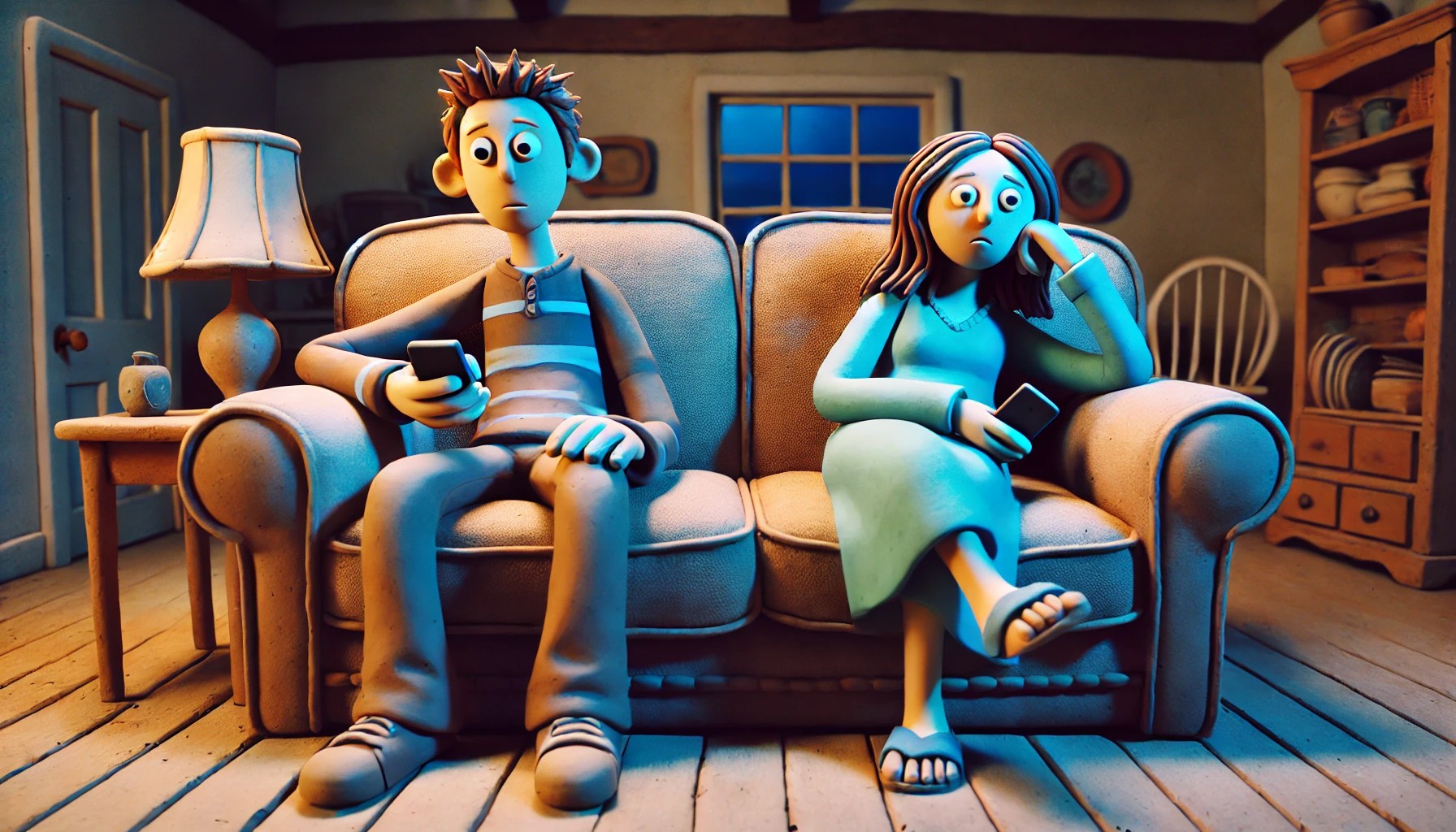 A couple of teenagers scrolling on their phones in claymation style. Generated by AI.