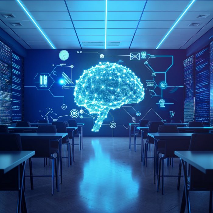 Modern classroom with digital brain hologram advanced technology artificial intelligence futuristic learning innovation