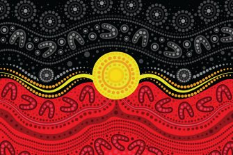 Aboriginal flag colors in a dot painting of aboriginal tradition