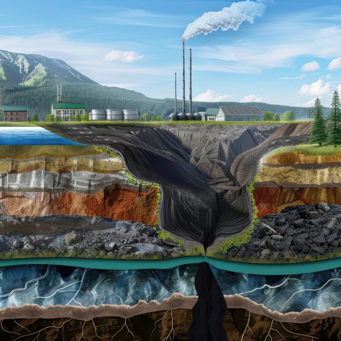 Sediment layers illustrating greenhouse gas accumulation, geothermal energy sources, Educational, Digital