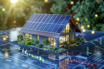 Infographic house with solar panels and electricity grid around it