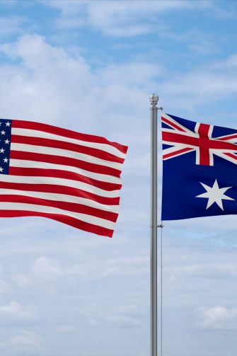 Australia and USA flags waving together on blue cloudy sky, two country relationship concept