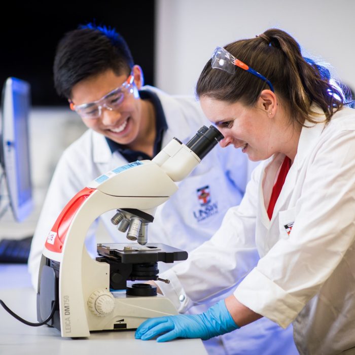 Photograph of students using microscope