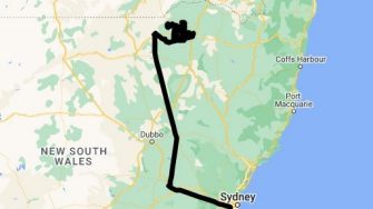 Map of part of eastern NSW with a  line showing a flight path