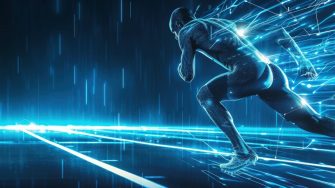 Human running man athlete with digital wireframe neon light background. AI generated image