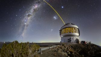 Gemini South, one half of the International Gemini Observatory, a Program of NSF’s NOIRLab, is seen here with its laser guide star in action. Both of the Gemini telescopes use laser guide stars to provide data for the calibration of their adaptive optics, systems of deformable mirrors that compensate for fluctuations in the upper atmosphere which can blur the images of distant stars and galaxies. The laser excites trace gas particles high in Earth’s upper atmosphere. Software then analyzes feedback from the laser to provide a model for the adaptive optics to map against. The laser guide stars can also be augmented by additional adaptive optics systems that use images of real stars from the telescope itself, such as the Natural Guide Star Next Generation Sensor (NGS-2). This photo was taken as part of the recent NOIRLab 2022 Photo Expedition to all the NOIRLab sites.