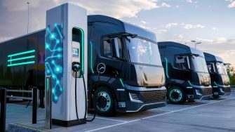 modern electric truck charging at a gas station