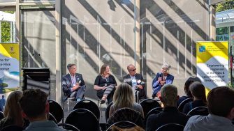 A panel at the ICRR conference discussed the role of Australia in leading on climate action. From left to right: Ben Newell, Jacqueline Peel, Wesley Morgan, and Jillian Broadbent AC.