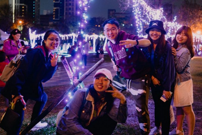 students at light show at night