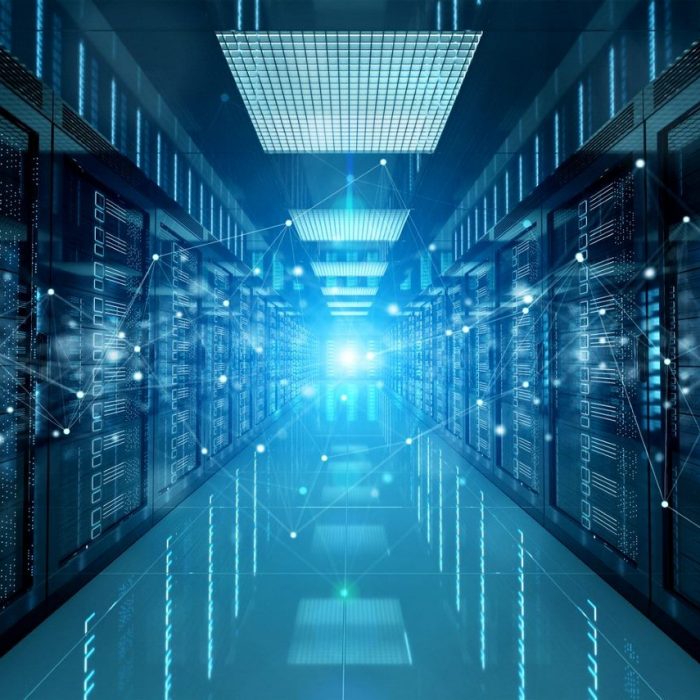 Connection network in dark servers data center room storage systems 3D rendering