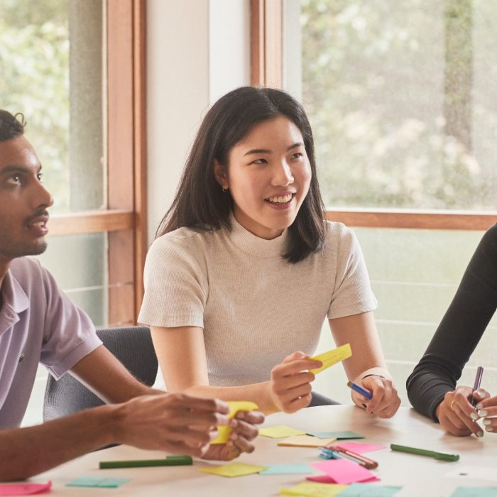 Student and career mentors talking in a meeting room at UNSW.