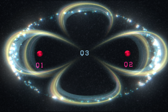 An artist's impression of quantum entanglement between three qubits in silicon: the two nuclear spins (red spheres) and one electron spin (shiny ellipse) which wraps around both nuclei. 