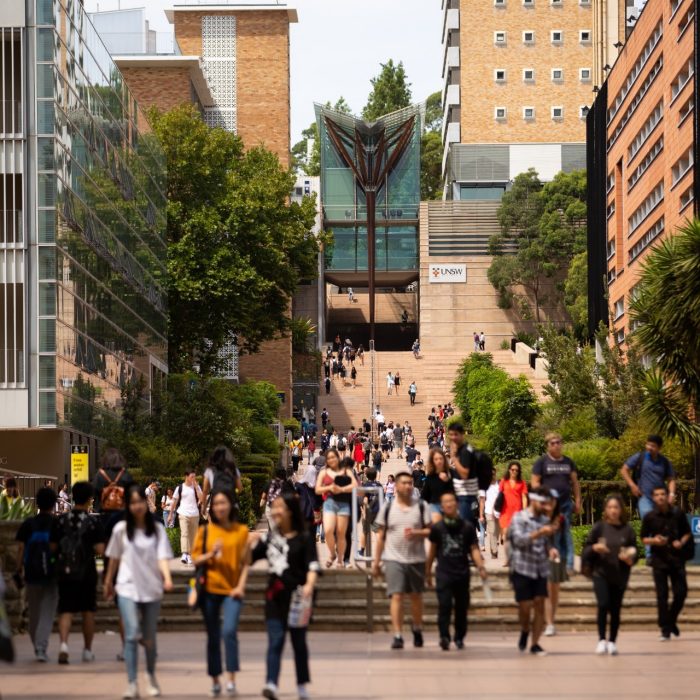 Lots of students make their way down the main walkway at the UNSW Kengsington campus