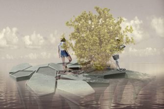 a person walks next a mangrove bush on floating pentagonal plastic platforms