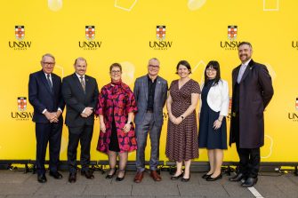 UNSW Chancellor David Gonski AC, Adjunct Professor Kieran Hynes, Alexis George, Seb Chan, Dr Jessie Christiansen, Yao May Wong and UNSW Vice-Chancellor and President Professor Attila Brungs at the awards ceremony.