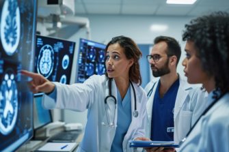 Group of medical professionals is intently examining a series of brain MRI scans displayed on a lightbox in a hospital or clinic setting.