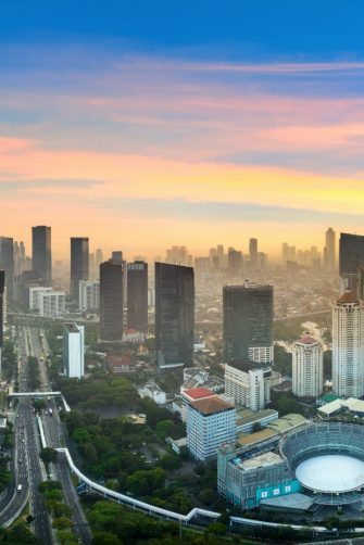 Panorama of Jakarta city at sunrise, Indonesia.