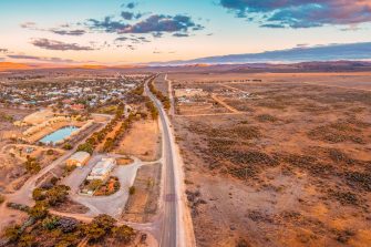 Aerial panorama of Hawker at sunset - small town in South Australia near Flinders Ranges