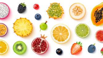 Fruits and berries collection isolated on white background, top view, flat lay, creative layout made of summer tropical food