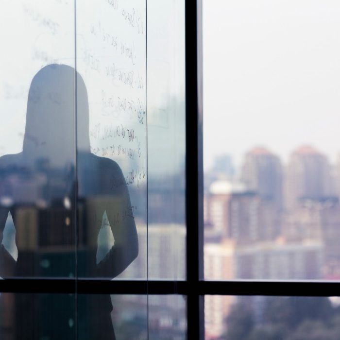 Silhouette shadow of woman looking at city from office