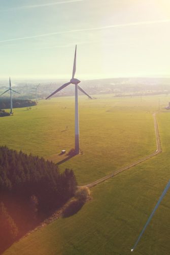 Wind turbines and agricultural fields on a sunny day