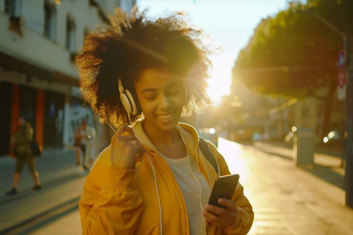 Excited girl dancing and listening music with headphones and smart phone in the street with hair moving : Generative AI