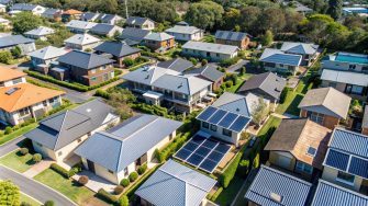 Aerial view of modern prestige homes with rooftop solar in a suburban Sydney cul-de-sac , residential