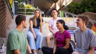 A group of students sitting on the Basser Rainbow Steps 