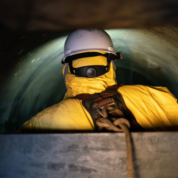 Photo of a worker taking photographs of internal pressure tanks in a confined space