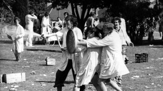 archive image of students muck up day on campus