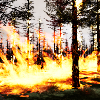 Still image of a forest fire simulation with flames sweeping through trees 