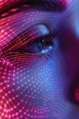 Close-up of a woman's face with futuristic digital light patterns symbolizing technology, artificial intelligence, and virtual reality.