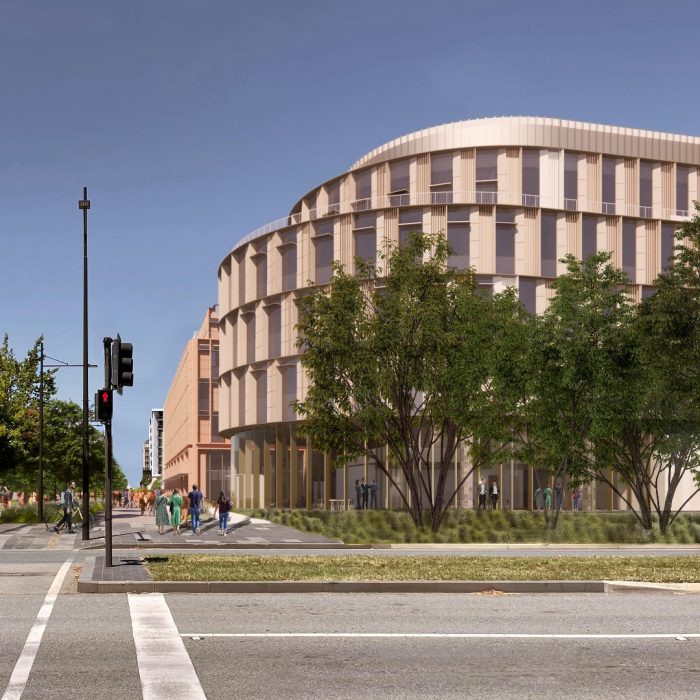 Rendered image of UNSW Canberra City stage 1, showing a round corner signature building