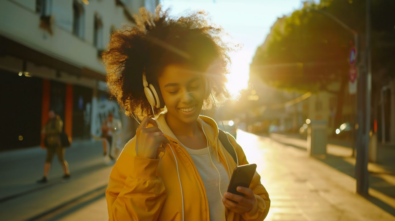 Excited girl dancing and listening music with headphones and smart phone in the street with hair moving : Generative AI