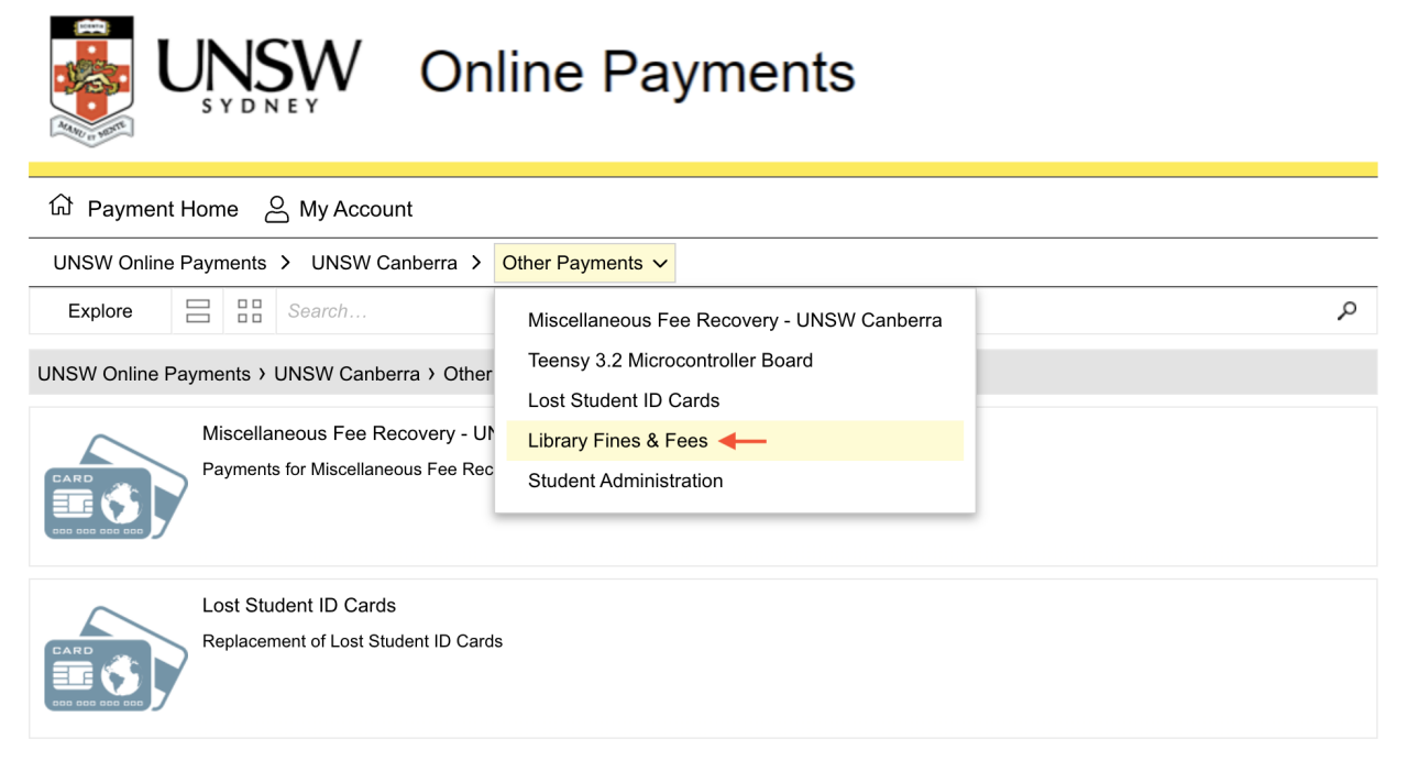 UNSW Library online payments screenshot