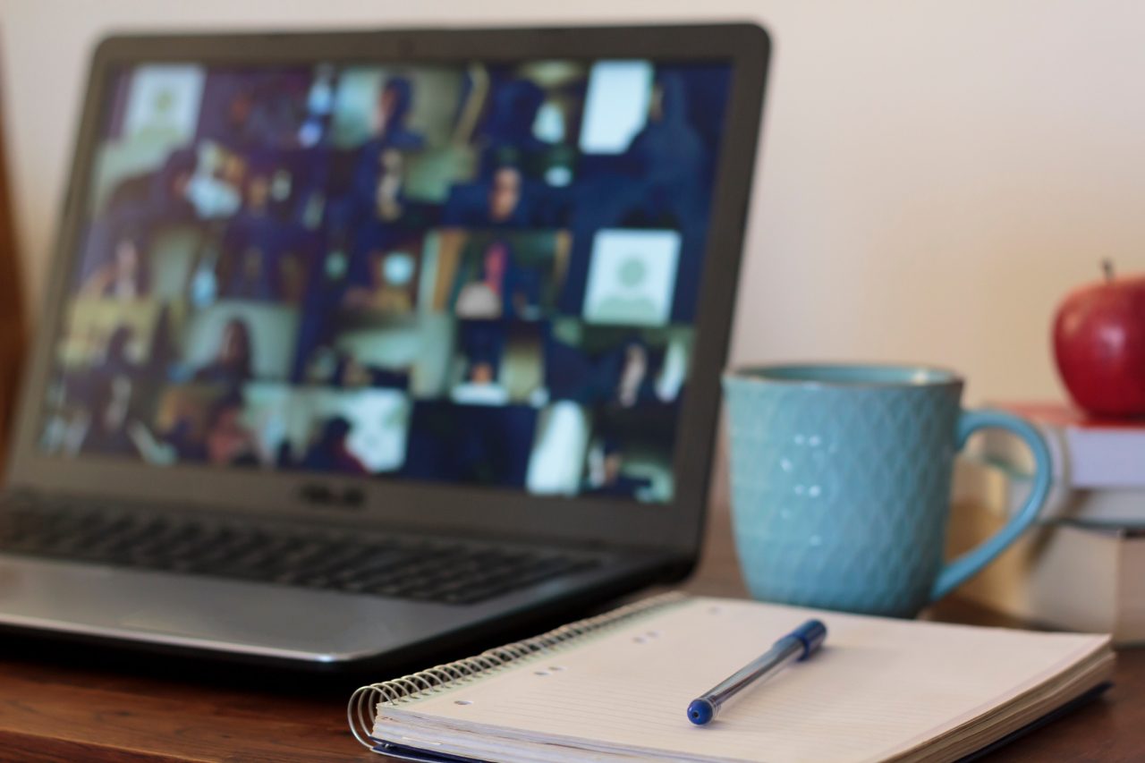 Laptop, school and books on table. Online school, e-learning concept