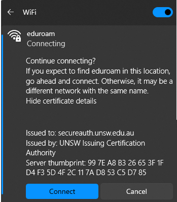 Get online troubleshooting eduroam screenshot