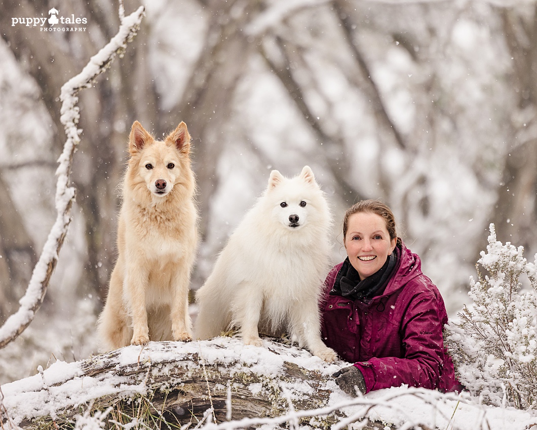 Kerry Martin with her dogs in the snow.