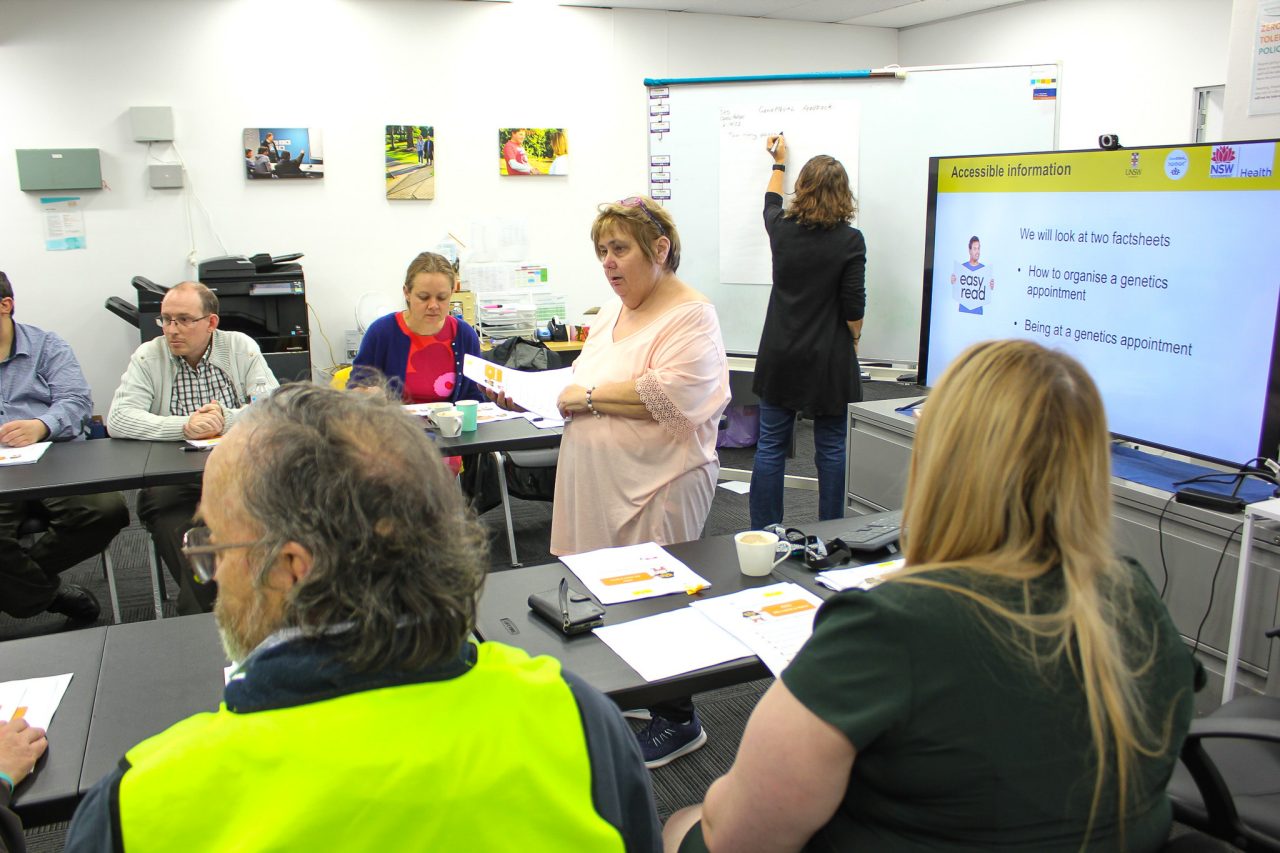 Julie Loblinzk facilitates a co-production workshop with members of the community with intellectual disabilities to gain feedback on Easy Read materials created for the GeneEQUAL project.  