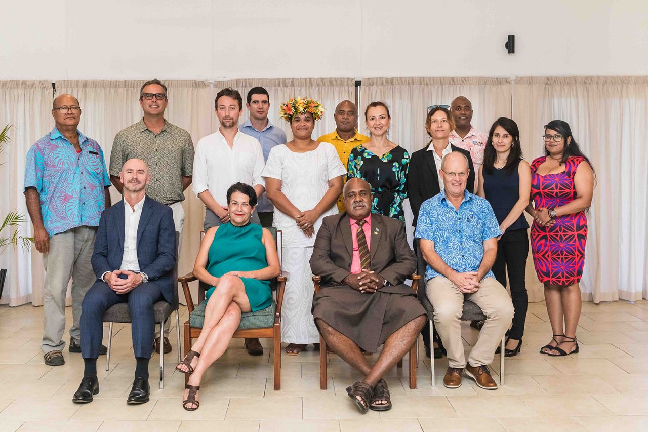 Fifteen dignitaries from UNSW, University of the South Pacific, the Fiji Government and Swire Shipping pose together on the day of the launch of Project Halophyte