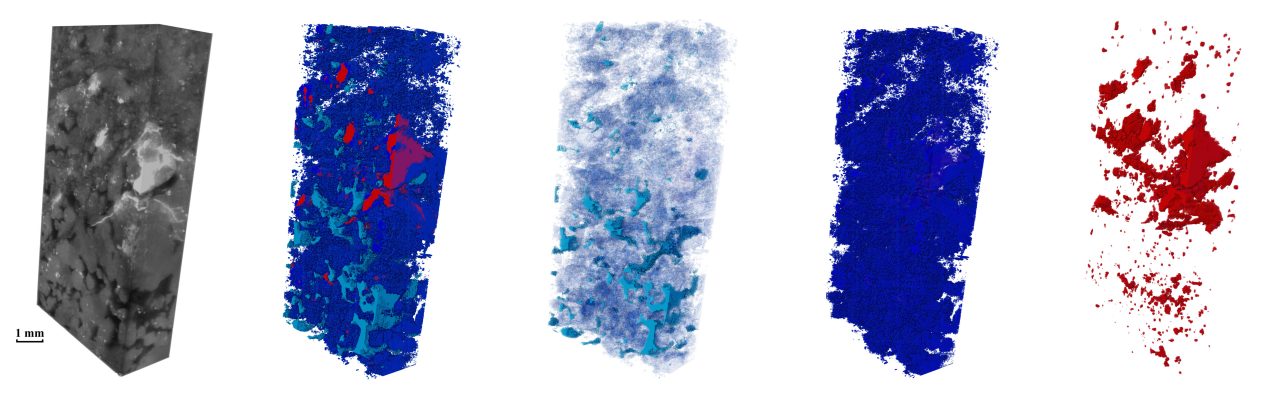 Examples of 3D micro-CT, 3D phases image and 3D single mineral phase images including aluminium, iron, and nickel.