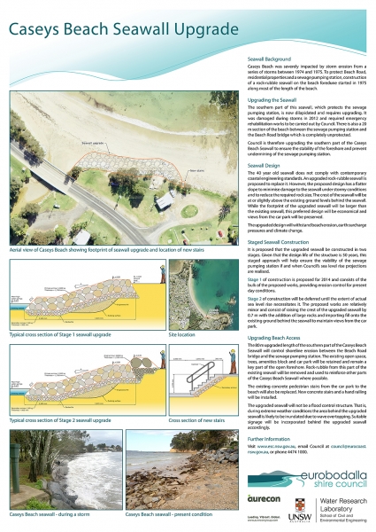 Eurobodalla Shire Council engaged WRL in partnership with Aurecon to prepare the design for the Caseys Beach seawall upgrade. 